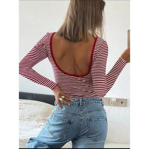 Striped long sleeve tee low scoop back white pink - Picture 3 of 6